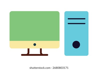 Una Ilustración vectorial de diseño vibrante y plana de una computadora de escritorio. Este icono simple y moderno, con un monitor y una torre de PC, es perfecto para la tecnología, 
