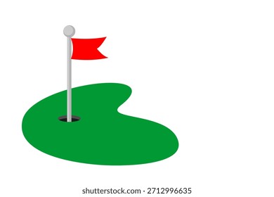 A vibrant flat design vector illustration depicting a golf course green with a red flag marking the hole, set against a clean white background.