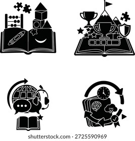 Una vibrante Ilustración vectorial de diseño plano que muestra símbolos de éxito académico y deportivo, incluidos libros, trofeos, medallas y un balón de fútbol, ideal para contenido educativo y motivacional.