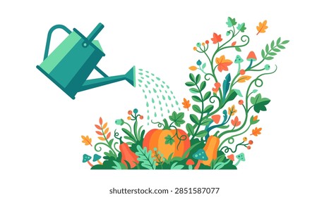 A vibrant flat design vector illustration featuring a teal watering can hydrating a garden full of autumn harvest elements. The scene includes various pumpkins, butternut squash, wild mushrooms, colorful orange and green leaves, and red berries on curling vines against a clean white background.