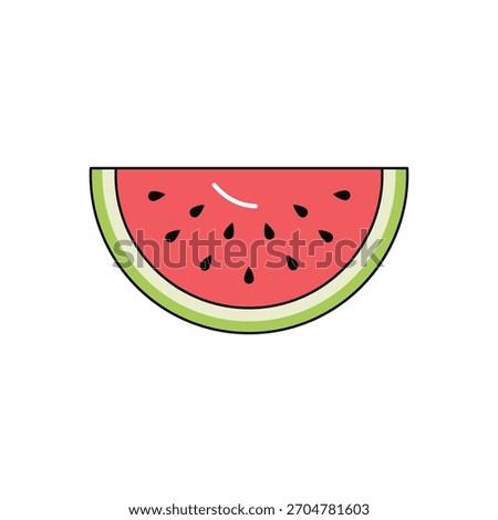 Vibrant flat design vector illustration of a fresh, juicy slice of watermelon with black seeds and green rind, symbolizing summer, refreshment, healthy snacks, and tropical fruit.