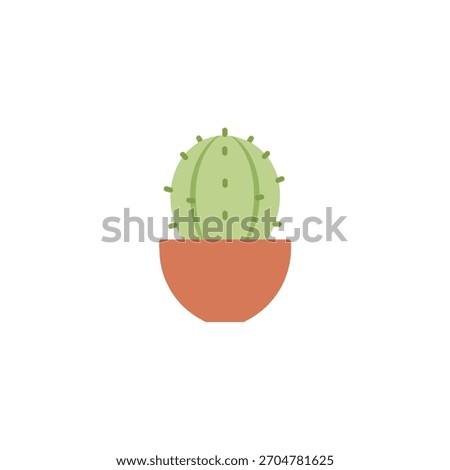Vibrant flat design vector illustration of a small, prickly green cactus potted in a rustic terracotta pot, symbolizing desert flora and home decor simplicity on a white background.