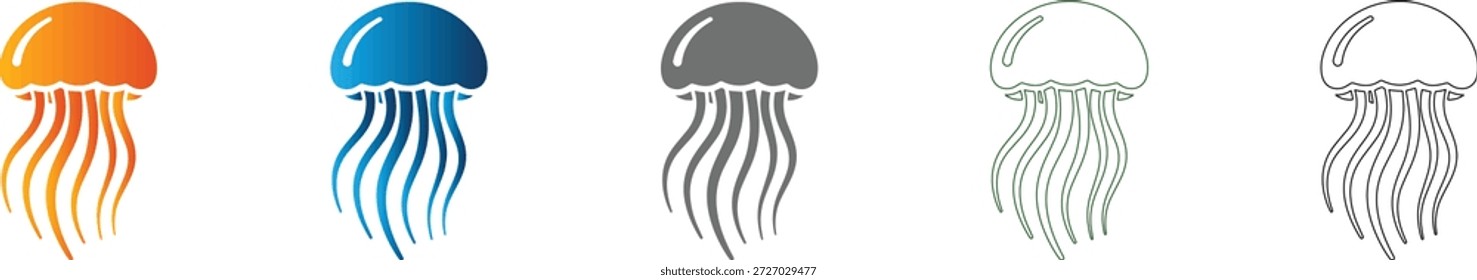 Un icono plano vibrante de una medusa, parte de un conjunto de iconos unificados. Ilustración vectorial negra sólida, aislada en el fondo blanco.