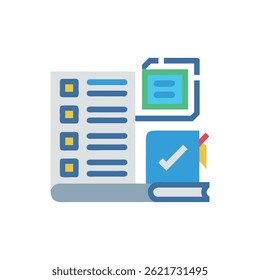 A vibrant flat icon of project documents, checklist, checkmark and notes. Organized composition and a modern, clean style.