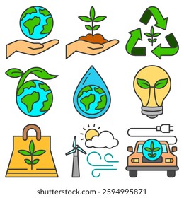 A vibrant flat icon set representing sustainability, renewable energy, and environmental conservation. Designed in a colorful, perfect for eco-branding, digital campaigns, and educational materials.