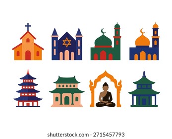 Vibrant flat icons of global religious landmarks. Includes church, synagogue, mosque, pagoda, and Buddha statues for cultural education and diverse design projects.