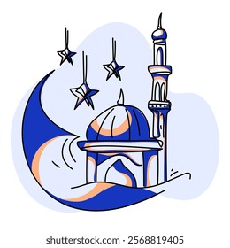 Vibrant flat illustration capturing the spirit of Ramadan. Features iconic symbols like the crescent moon, lanterns, and a grand mosque. Perfect for festive designs and social media