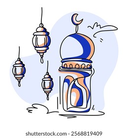 Vibrant flat illustration capturing the spirit of Ramadan. Features iconic symbols like the crescent moon, lanterns, and a grand mosque. Perfect for festive designs and social media