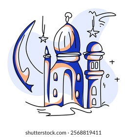 Vibrant flat illustration capturing the spirit of Ramadan. Features iconic symbols like the crescent moon, lanterns, and a grand mosque. Perfect for festive designs and social media