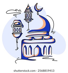 Vibrant flat illustration capturing the spirit of Ramadan. Features iconic symbols like the crescent moon, lanterns, and a grand mosque. Perfect for festive designs and social media