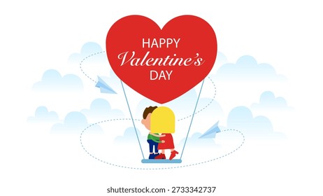 A vibrant flat illustration celebrating Valentine's Day, featuring a loving couple hugging and kissing inside a giant red heart-shaped hot air balloon. The scene is set against a soft blue sky with fluffy white clouds and paper planes flying in a dotted path, perfect for romantic greeting cards, holiday web headers, and social media promotions.