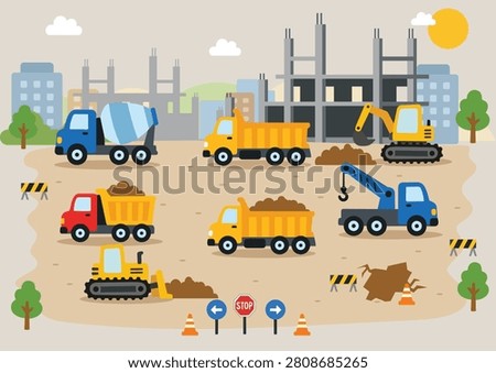 Vibrant flat illustration of a construction site with trucks, excavators, and cranes. Useful for educational projects and urban development infographics.