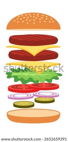 A vibrant, flat illustration of a deconstructed cheeseburger, showcasing all the delicious ingredients layered against a clean white background. Perfect for food-related designs.