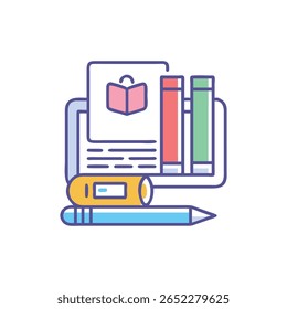 Vibrante ilustración plana de una Biblioteca digital con libros y papelería. Cuenta con un diseño limpio y moderno con Elementos educativos.