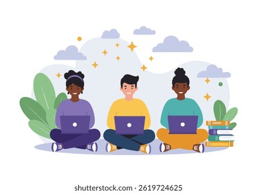 Vibrant flat illustration a diverse team of three professionals engaged in online collaboration. Each is working on a laptop, surrounded by subtle design elements modern business environment