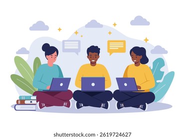 Vibrant flat illustration a diverse team of three professionals engaged in online collaboration. Each is working on a laptop, surrounded by subtle design elements modern business environment