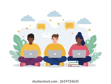 Vibrant flat illustration a diverse team of three professionals engaged in online collaboration. Each is working on a laptop, surrounded by subtle design elements modern business environment