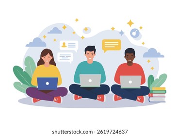 Vibrant flat illustration a diverse team of three professionals engaged in online collaboration. Each is working on a laptop, surrounded by subtle design elements modern business environment