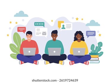 Vibrant flat illustration a diverse team of three professionals engaged in online collaboration. Each is working on a laptop, surrounded by subtle design elements modern business environment