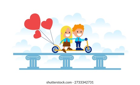 A vibrant flat illustration featuring a cheerful young man and woman riding together on a long yellow tandem scooter. The design includes three bright red heart-shaped balloons tied to the back, as the couple crosses a classic blue bridge against a soft cloud background, perfect for wedding invitations, Valentine's Day content, and romantic lifestyle blogs.