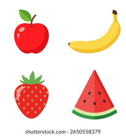 Uma ilustração vibrante e plana com quatro frutas populares: uma maçã vermelha com uma folha verde, uma banana amarela, um morango vermelho com sementes amarelas e uma fatia de melancia com sementes pretas.