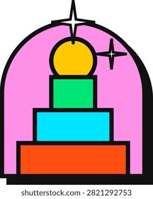 A vibrant flat illustration featuring a mystical portal framed by a bold black archway. Inside, a series of colorful geometric blocks form a staircase ascending towards a bright yellow sun. Set against a soft pink sky, two minimalist stars add a celestial touch to this surreal, abstract visual modern composition.