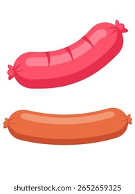 Ilustração vibrante e plana com duas salsichas contra um fundo branco limpo. Uma salsicha é rosa brilhante, e a outra é laranja quente, ambos com um acabamento brilhante e extremidades amarradas.