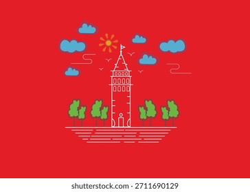 Ilustração plana vibrante da Torre de Gálata com Sol e Nuvens.