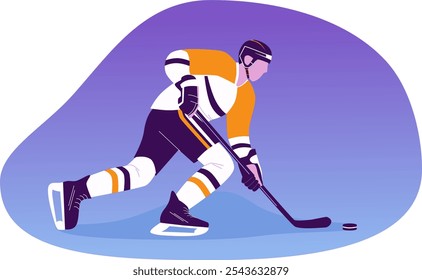 Vibrant flat illustration of a hockey player in uniform with a stick on ice hitting a puck at speed.