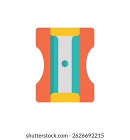 Ilustração plana vibrante de um apontador de lápis com um exterior laranja em um fundo branco. Formas geométricas simples.