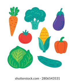 Vibrant flat illustration set featuring a diverse array of colorful vegetables, including carrot, broccoli, eggplant, tomato, corn, bell pepper, cucumber, and lettuce. Characterized by bold lines and bright colors against a clean white background. Ideal for enhancing food packaging, branding initiatives, editorial content, and promotions focused on healthy eating and lifestyle choices.