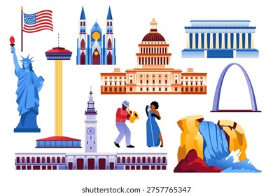 A vibrant flat illustration showcasing iconic American landmarks, including the Statue of Liberty, Capitol, Gateway Arch, and more. A celebration of architecture, culture, and music across the USA