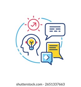 Ilustração plana vibrante simbolizando pensamento criativo e comunicação, situado contra um sólido fundo branco, apresenta representações icônicas de geração de ideias e diálogo estratégico.