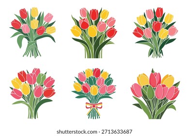 Vibrantes ilustraciones planas que muestran seis ramos únicos de tulipanes con tulipanes rojos amarillos y rosados atados en Paquetes acentuados por hojas verdes y subgrupos ideales para el diseño floral