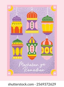 A vibrant flat illustration-style poster featuring hanging lanterns with intricate designs, perfect for Ramadan decorations, greeting cards, and festive promotions.