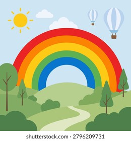 A vibrant flat landscape featuring a colorful rainbow over green rolling hills. Bright sun and fluffy clouds decorate the sky. Two hot air balloons float peacefully above a winding path.