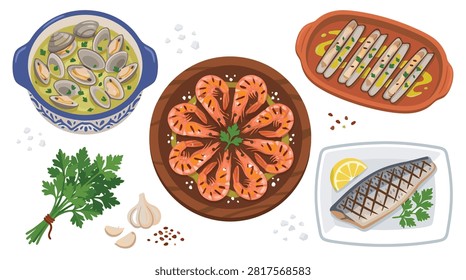 A vibrant flat lay of various seafood dishes including grilled sea bass, prawns, and clams, garnished with fresh herbs and spices.