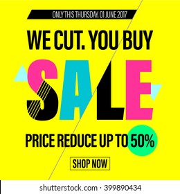 Vibrant flat sale background. Discount up to 50%. On-line promo banner in glitch colors on yellow background for site. Minimal vector template