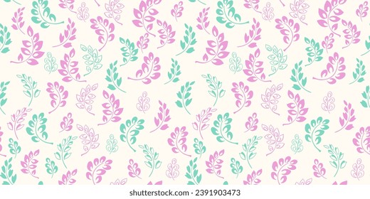Vibrant, flat tiny branches leaves with drops, dots, spots pattern. Seamless simple pastel pink background. Vector hand drawn doodle sketch. Design for fabric, fashion, wallpaper, textile