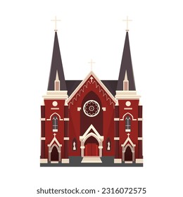 Vibrant flat vector art of a red church. Stylized and striking in red. Clean lines, bold colors for modern aesthetic. Symbolic and attention-grabbing. Perfect for posters, websites, brochures