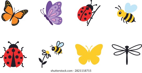 A vibrant flat vector collection of cute garden insects featuring monarch butterfly, purple butterfly, red ladybugs, honeybees with flower, yellow butterfly, and dragonfly silhouette. Perfect for kids educational materials, spring decorations, stickers, greeting cards, and nature-themed artwork.
