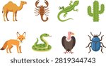 A vibrant flat vector collection of desert wildlife and flora, featuring a single-humped camel (dromedary), brown scorpion, green lizard gecko, saguaro cactus, fennec desert fox, coiled green snake, bald vulture bird, and a blue scarab beetle. Perfect for educational materials on desert ecosystems, wildlife conservation graphics, nature books, travel guides, and environmental icon designs.
