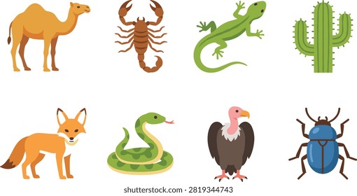 A vibrant flat vector collection of desert wildlife and flora, featuring a single-humped camel (dromedary), brown scorpion, green lizard gecko, saguaro cactus, fennec desert fox, coiled green snake, bald vulture bird, and a blue scarab beetle. Perfect for educational materials on desert ecosystems, wildlife conservation graphics, nature books, travel guides, and environmental icon designs.