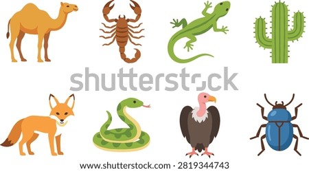 A vibrant flat vector collection of desert wildlife and flora, featuring a single-humped camel (dromedary), brown scorpion, green lizard gecko, saguaro cactus, fennec desert fox, coiled green snake, bald vulture bird, and a blue scarab beetle. Perfect for educational materials on desert ecosystems, wildlife conservation graphics, nature books, travel guides, and environmental icon designs.