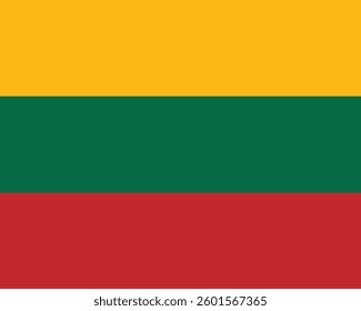 A vibrant flat vector design of the Lithuania flag, with bold horizontal stripes of yellow, green, and red, representing the nation's heritage, land, and bloodshed for freedom.