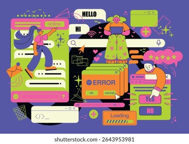 Vibrant flat vector of diverse users interacting with chat windows.
