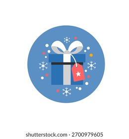 um ícone de vetor plano vibrante com uma caixa de presente azul envolta por uma fita branca e um arco, posicionado contra um fundo azul claro circular. o presente tem uma marca vermelha pendente com uma estrela branca.