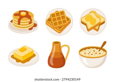 Vibrant flat vector icons for morning breakfast, featuring delicious pancakes, waffles, melted butter, and maple syrup,