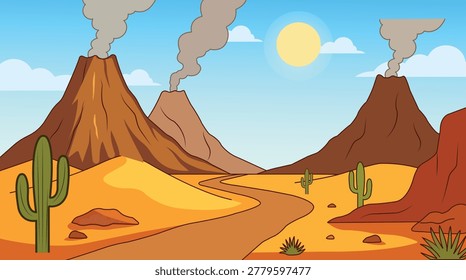 A vibrant flat vector illustration of active volcanoes emitting smoke within a vast desert landscape with cacti and a winding path. This nature scene features a bright sun and sandy dunes, perfect for educational or travel-themed backgrounds.