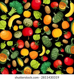 Vibrant flat vector illustration of assorted fresh produce arranged on a black background.